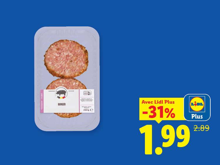 Deux steaks hachés de porc emballés, avec une offre de réduction de 31% à 1,99€.