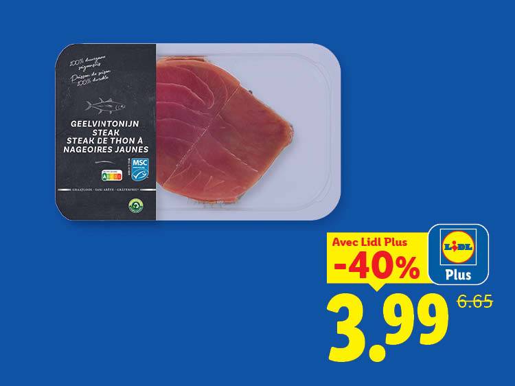 Un steak de thon en emballage, avec une réduction de 40% à 3,99 €.