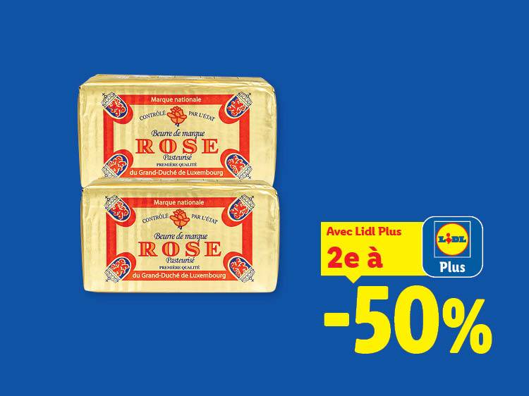 Deux paquets de beurre avec une offre de 50% de réduction sur le deuxième article avec l'application Lidl Plus.