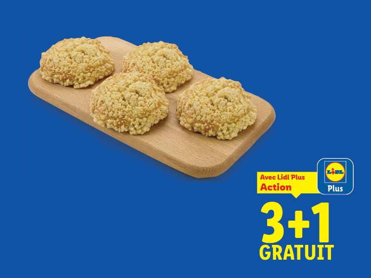 Quatre gâteaux croustillants sur une planche en bois, avec une offre 3+1 gratuit.