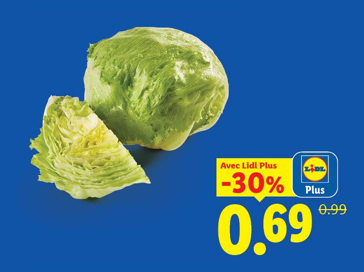 Laitue iceberg entière et coupée, avec une offre de -30% à 0,69€.