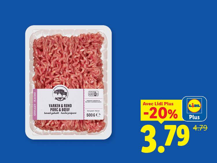 Barquette de viande hachée de porc et de bœuf de 500g, avec une réduction de 20% à 3,79€.