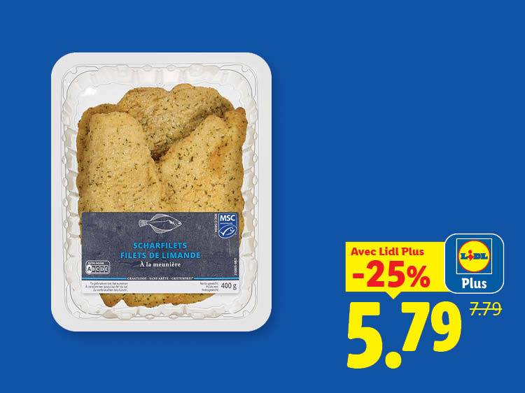 Filets de limande panés avec une réduction de 25% à 5,79€, prix initial 7,79€.