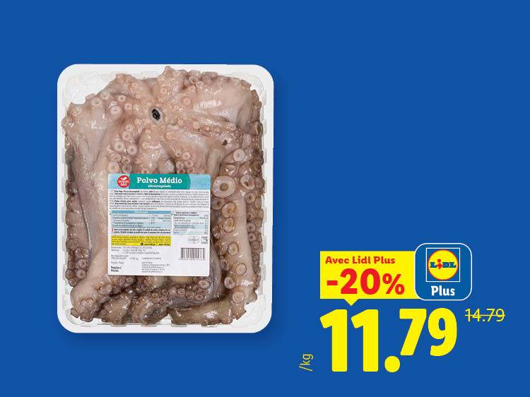 Un plateau de poulpe moyen avec une étiquette de prix indiquant une réduction de 20% à 11,79 €/kg.
