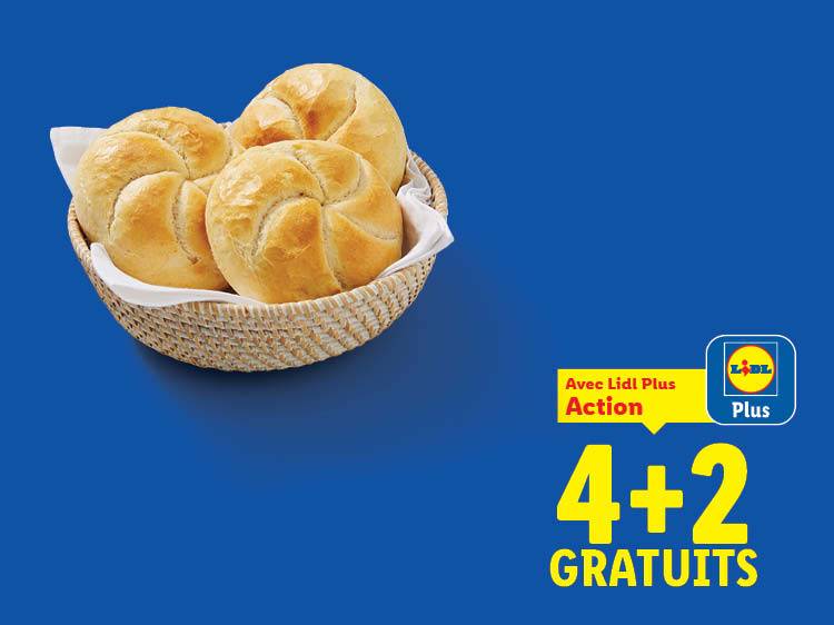 Petits pains dans un panier, offre 4+2 gratuits avec l'application.