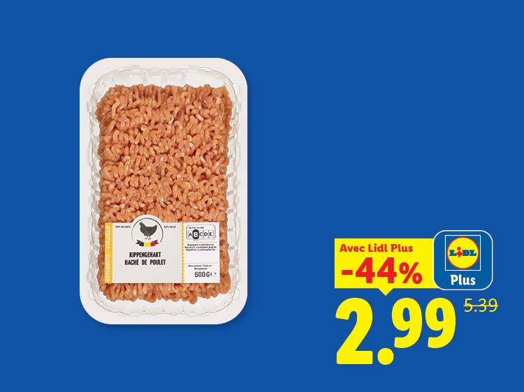 Barquette de haché de poulet de 600g avec une réduction de 44% à 2,99€.