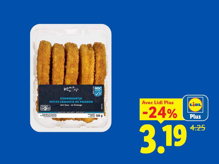 Barquettes de bâtonnets de poisson panés au fromage, avec une réduction de 24% à 3,19 €.