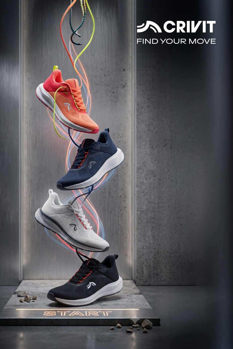 Quatre paires de chaussures de sport colorées suspendues, avec le mot 'START' illuminé en bas.