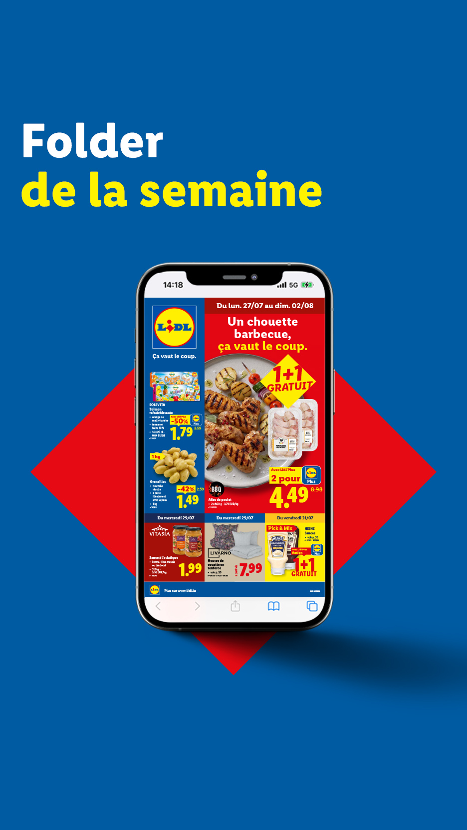 Un dépliant de supermarché avec des offres sur des produits de barbecue, des boissons et des pommes de terre.