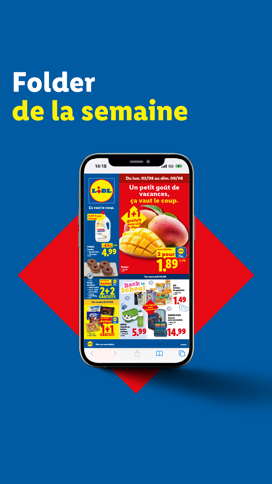 Folder de la semaine avec des mangues, des donuts, de la lessive et des fournitures scolaires.