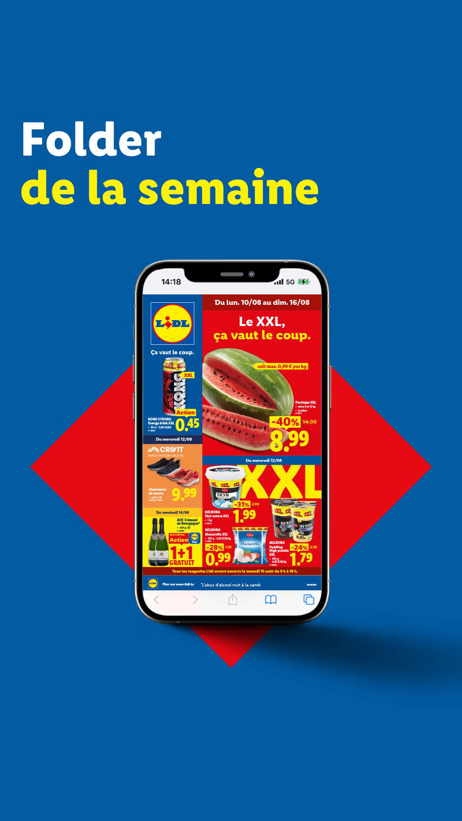 Un smartphone affichant une publicité pour des pastèques, des boissons énergisantes et des chaussures de sport.