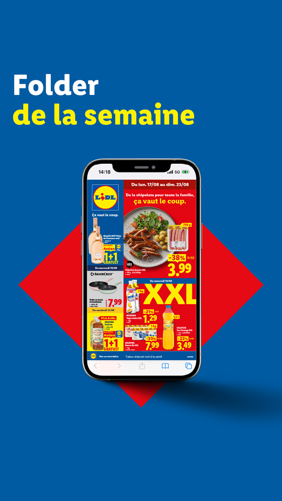 Un dépliant numérique Lidl affichant des offres sur des saucisses, du vin rosé, des boissons et une poêle.