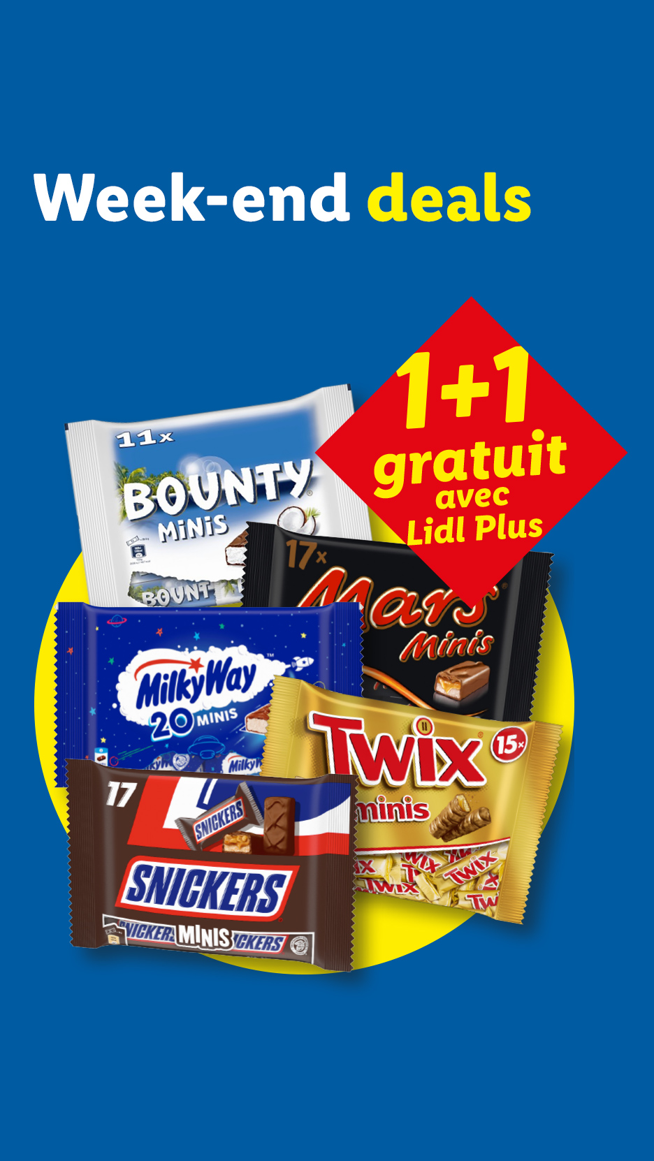 Offres du week-end : assortiment de mini-barres chocolatées avec une offre 1+1 gratuit avec Lidl Plus.