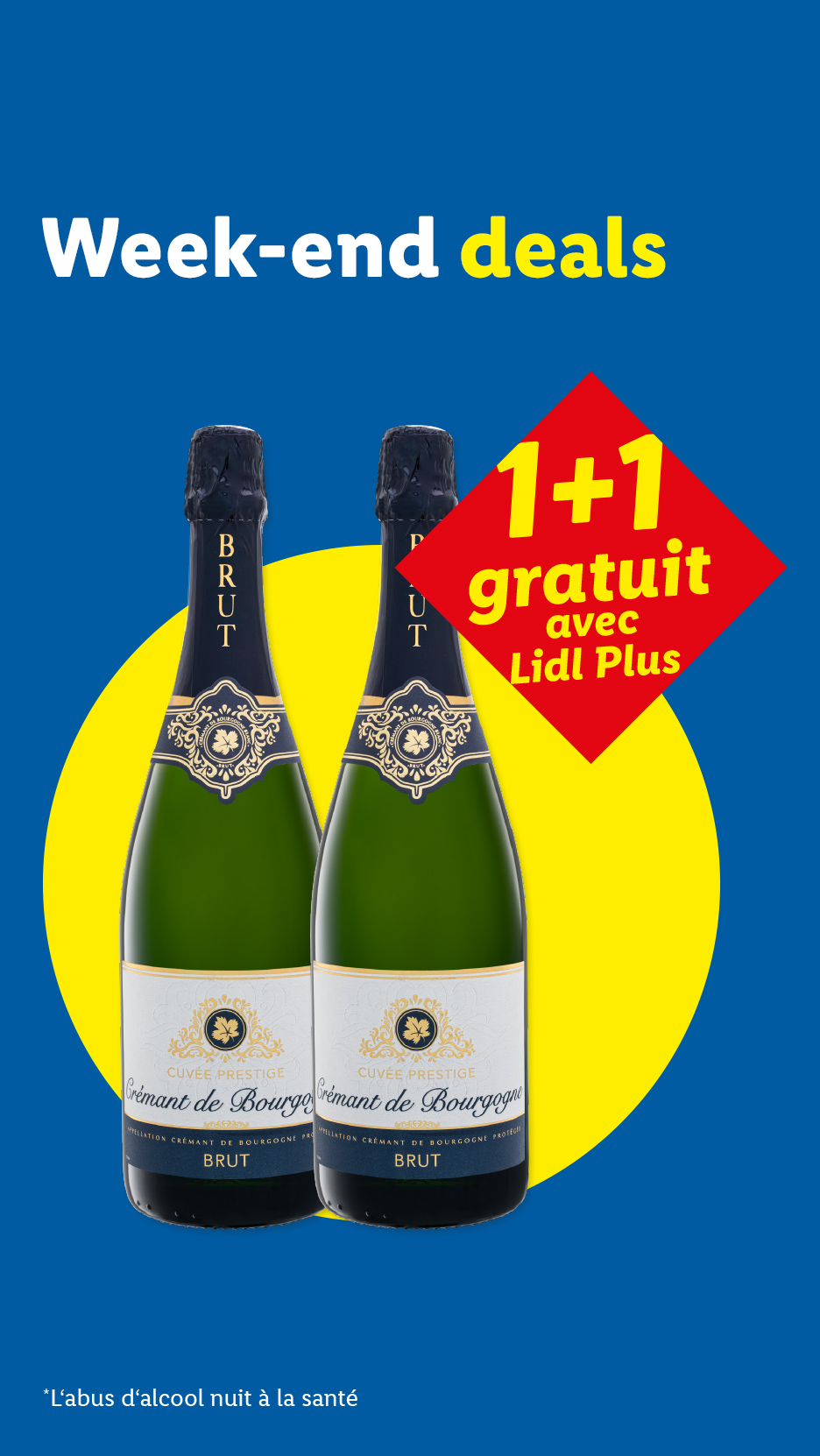 Offre de week-end : deux bouteilles de Crémant de Bourgogne avec un 1+1 gratuit via Lidl Plus.