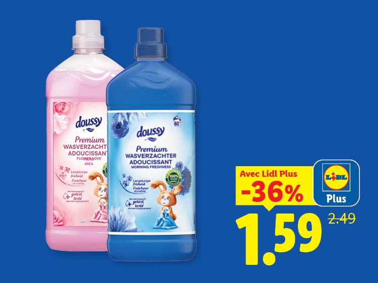 Deux adoucissants textiles (rose et bleu) avec une offre promotionnelle de -36% à 1,59€.