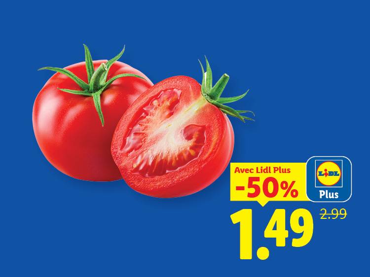 Tomates fraîches, une entière et une coupée en deux, avec une offre de -50% à 1,49.