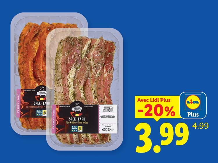 Deux barquettes de lard mariné, l'une aux herbes de Provence et l'autre aux fines herbes, en promotion à 3,99€.