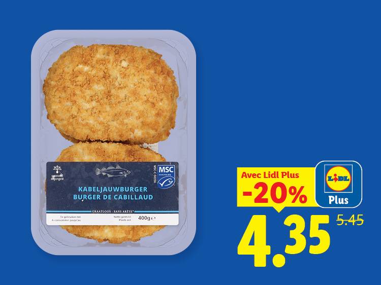 Deux burgers de cabillaud panés dans un emballage, avec une réduction de 20% à 4,35 €.