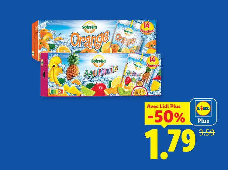Boîtes de jus d'orange et de jus multifruits avec 14 sachets chacune, en promotion à -50% pour 1,79€.