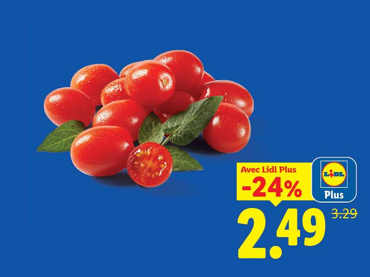 Tomates cerises fraîches avec une réduction de 24%, prix final 2,49.