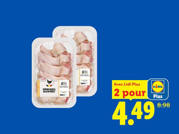 Deux barquettes d'ailes de poulet, 2 pour 4,49 € avec Lidl Plus, au lieu de 8,98 €.