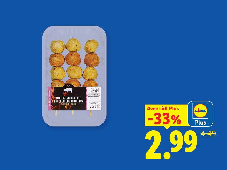 Brochettes de boulettes de porc en promotion à 2,99 € au lieu de 4,49 €.