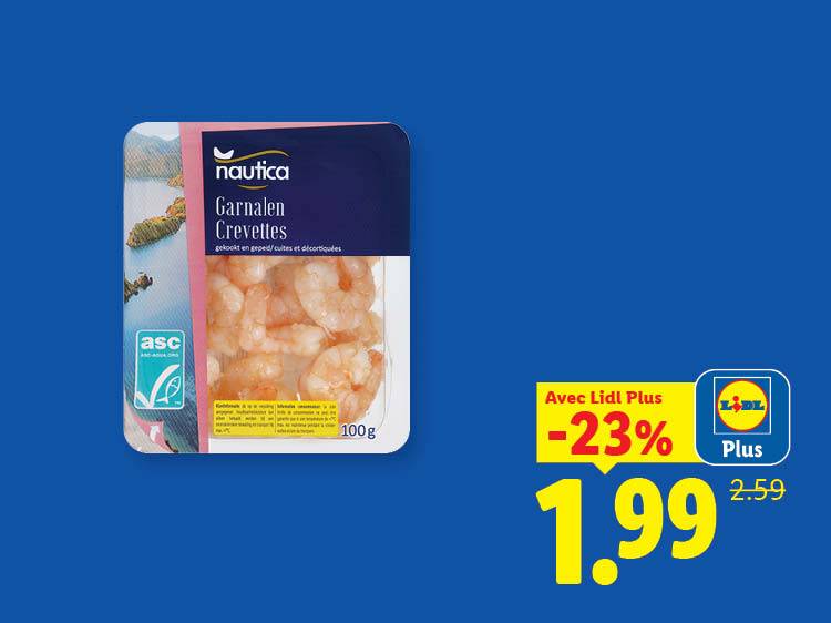 Paquet de crevettes décortiquées, 100g, avec une réduction de 23% à 1,99€.