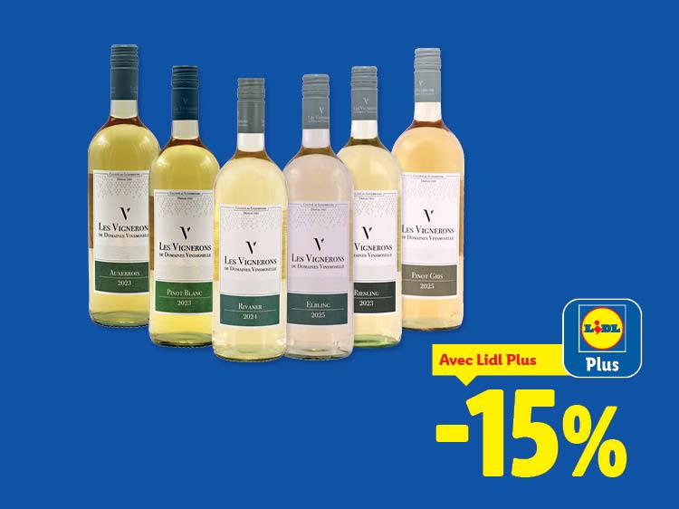 Six bouteilles de vin blanc et rosé avec une réduction de 15% pour les membres Lidl Plus.
