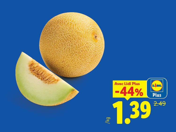 Melon entier et une tranche, avec une réduction de 44% à 1,39 €/kg.