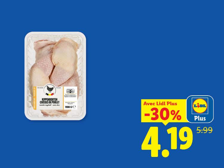 Barquette de cuisses de poulet avec une offre de -30% pour 4,19€ au lieu de 5,99€.