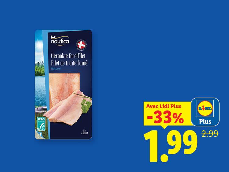 Filet de truite fumé avec une réduction de 33% à 1,99 €.