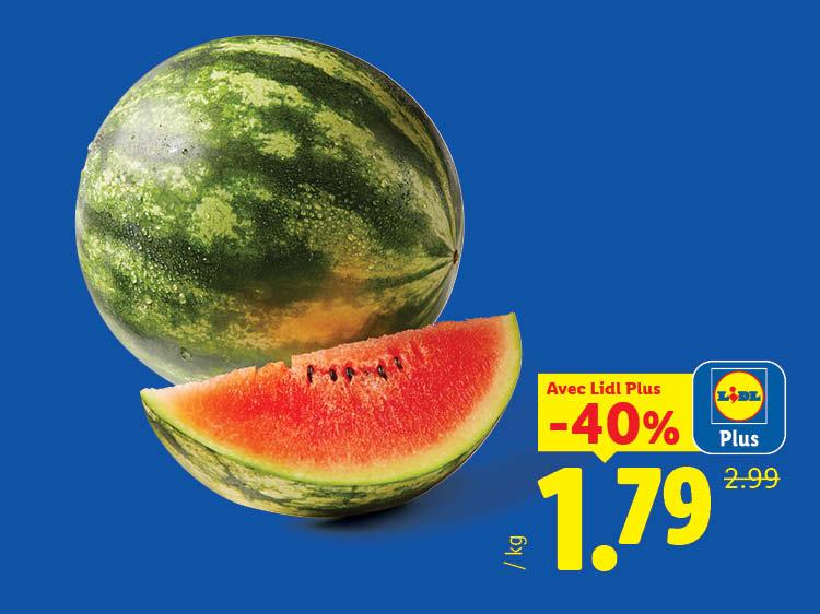 Pastèque entière et une tranche, avec une offre de -40% à 1,79€/kg.