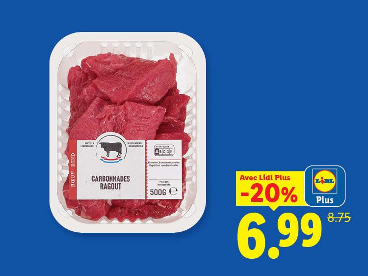 Un paquet de viande de bœuf pour carbonnades ou ragoût, avec une réduction de 20% à 6,99 €.
