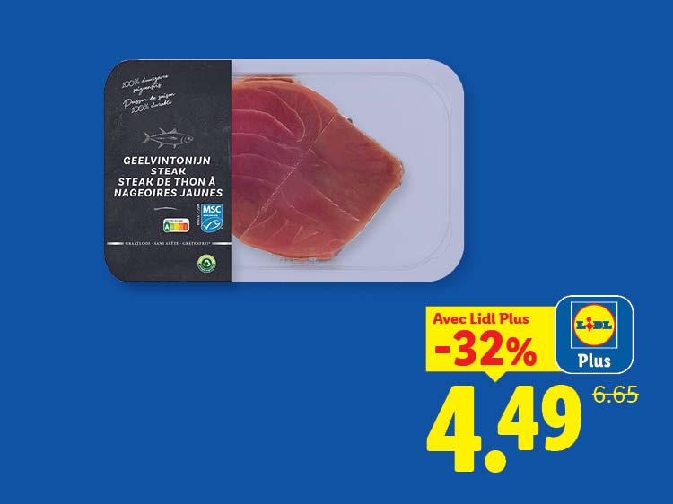 Steak de thon à nageoires jaunes emballé, avec une réduction de 32% à 4,49 €.