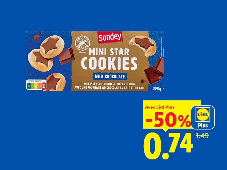 Paquet de mini biscuits étoiles au chocolat au lait avec une réduction de 50% à 0,74 €.