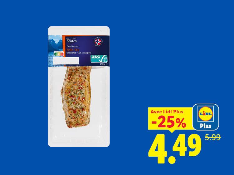 Filet de saumon assaisonné sous vide, avec une réduction de 25% pour les membres Lidl Plus.