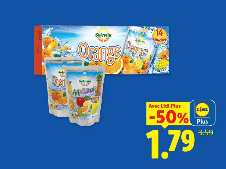 Jus d'orange et multifruits en sachets, avec une réduction de 50% chez Lidl.