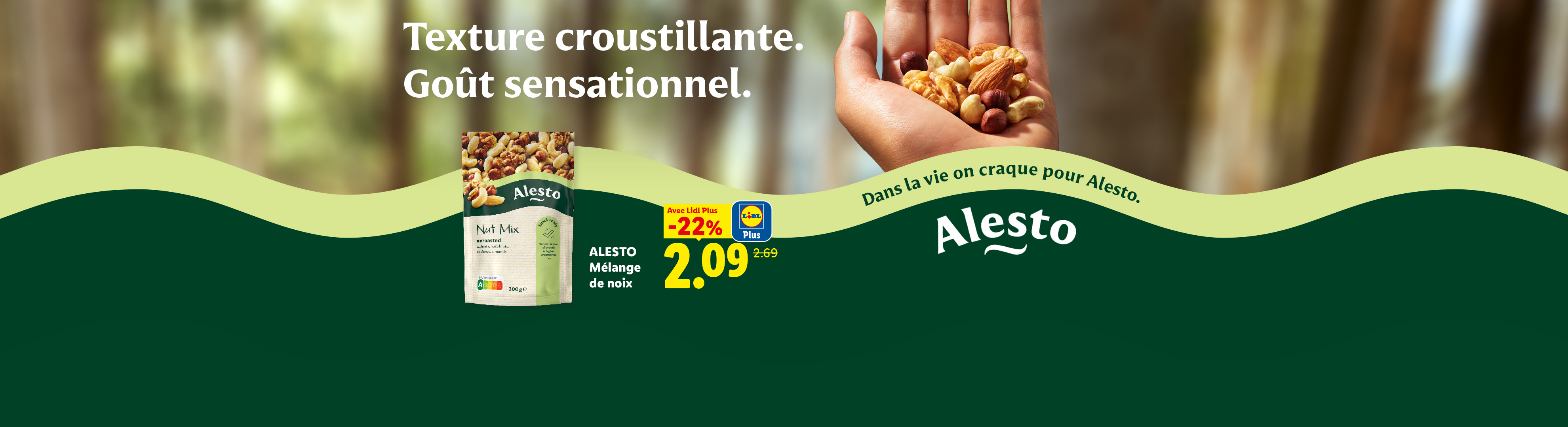 Mélange de noix croustillant avec une offre spéciale, tenu dans une main.