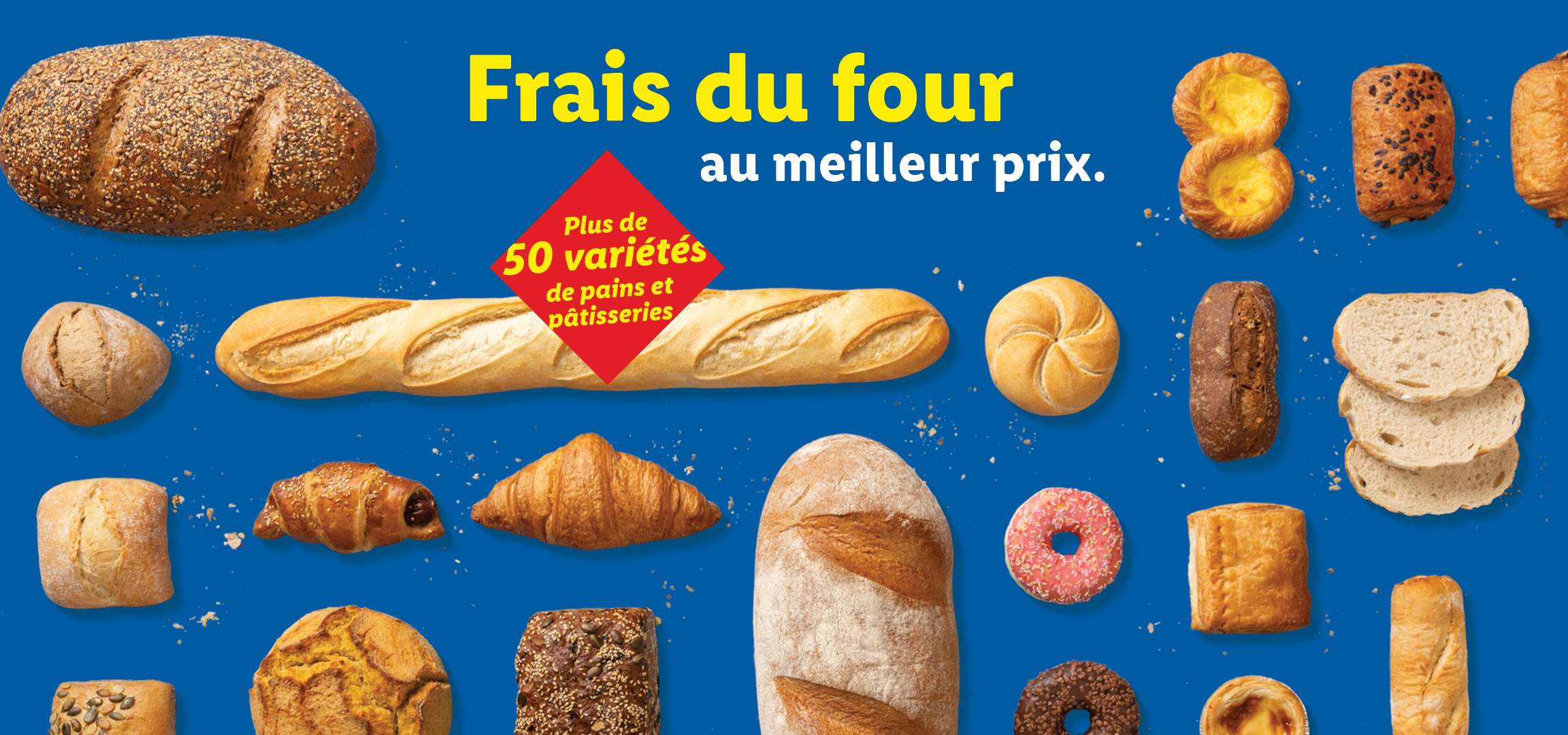 Assortiment de pains et pâtisseries frais du four, avec le texte 'Frais du four au meilleur prix. Plus de 50 variétés de pains et pâtisseries'.