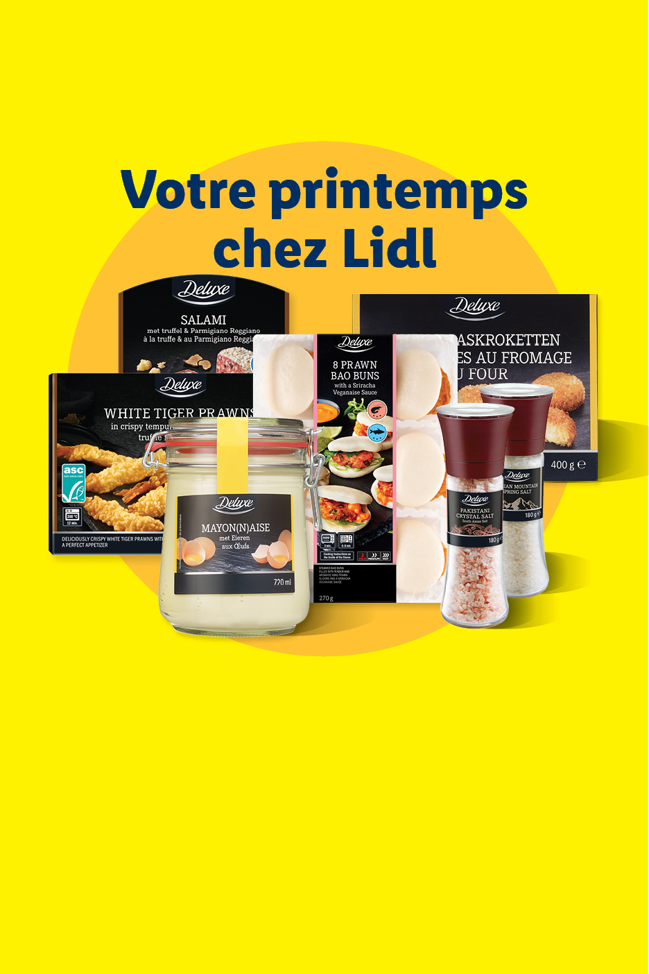 Une sélection de produits de printemps, dont des crevettes, du salami, des pains bao, de la mayonnaise et des sels, avec le texte 'Votre printemps chez Lidl'.