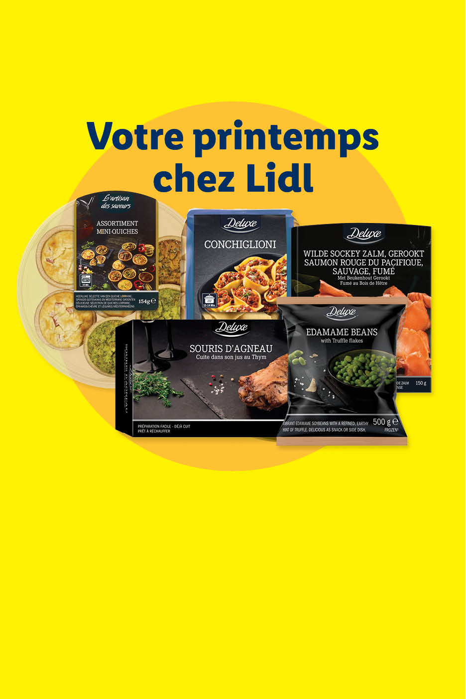 Assortiment de mini-quiches, conchiglioni, souris d'agneau, saumon fumé et edamame aux truffes pour le printemps chez Lidl.