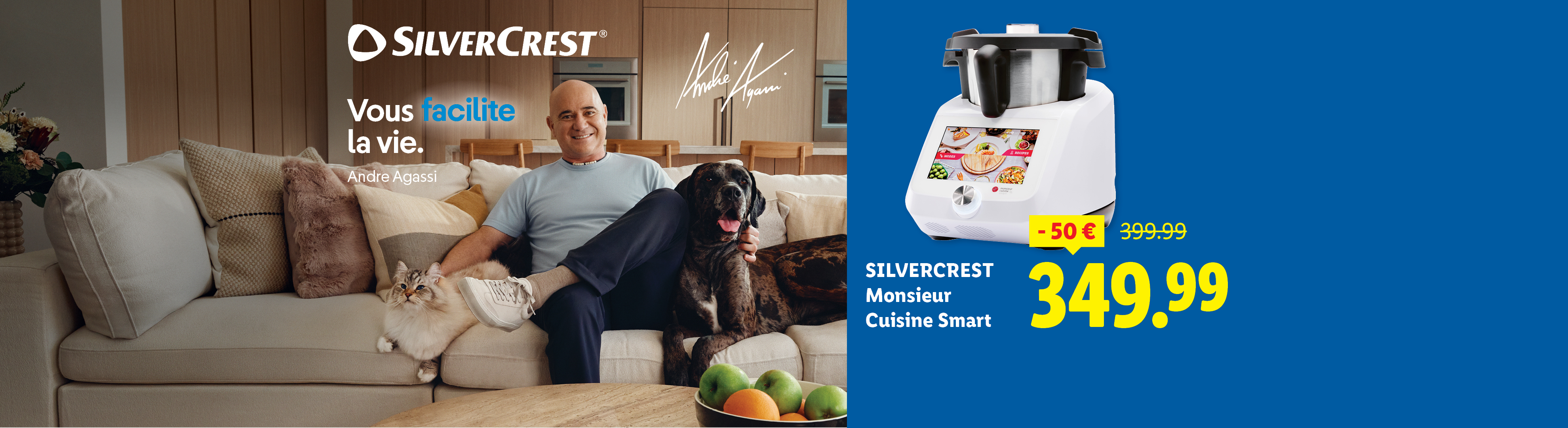 Robot de cuisine intelligent en promotion, avec Andre Agassi et ses animaux de compagnie.