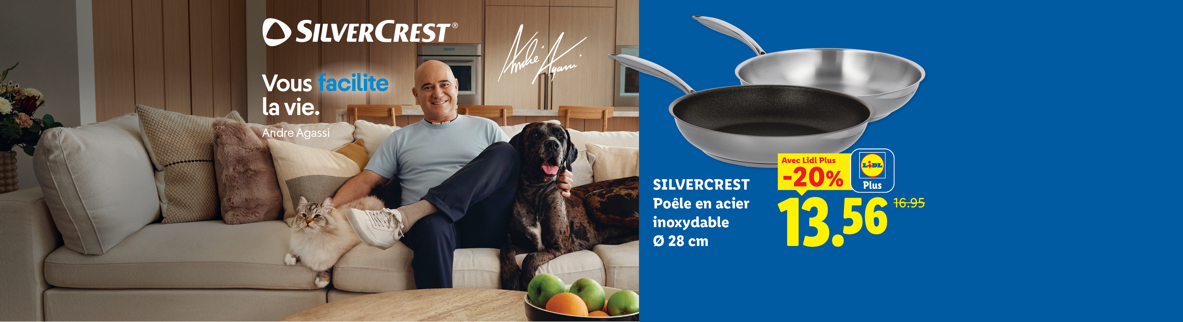 Un homme avec un chien et un chat sur un canapé, à côté d'une poêle en acier inoxydable.