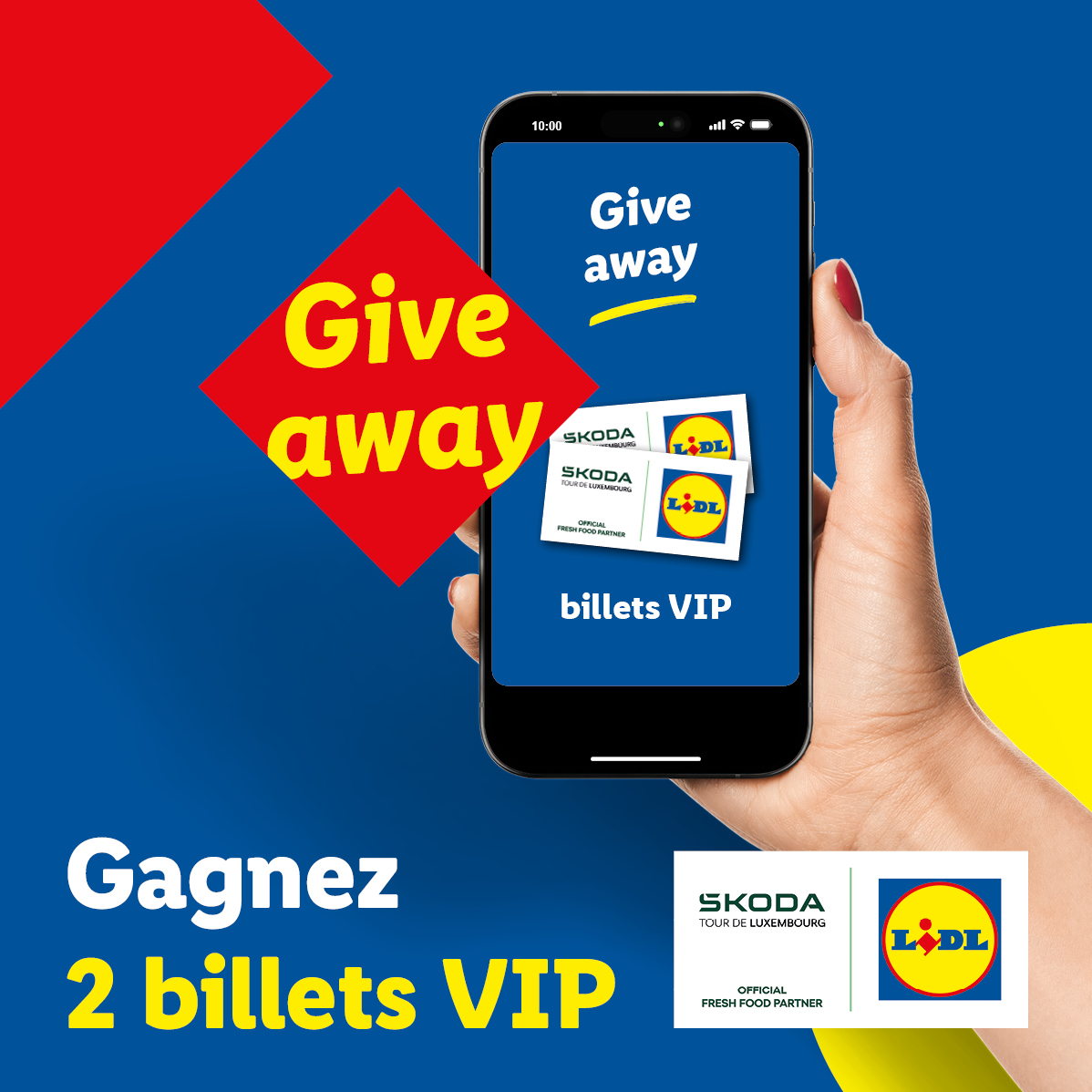 Concours pour gagner 2 billets VIP, affiché sur un téléphone et en bas de l'image.