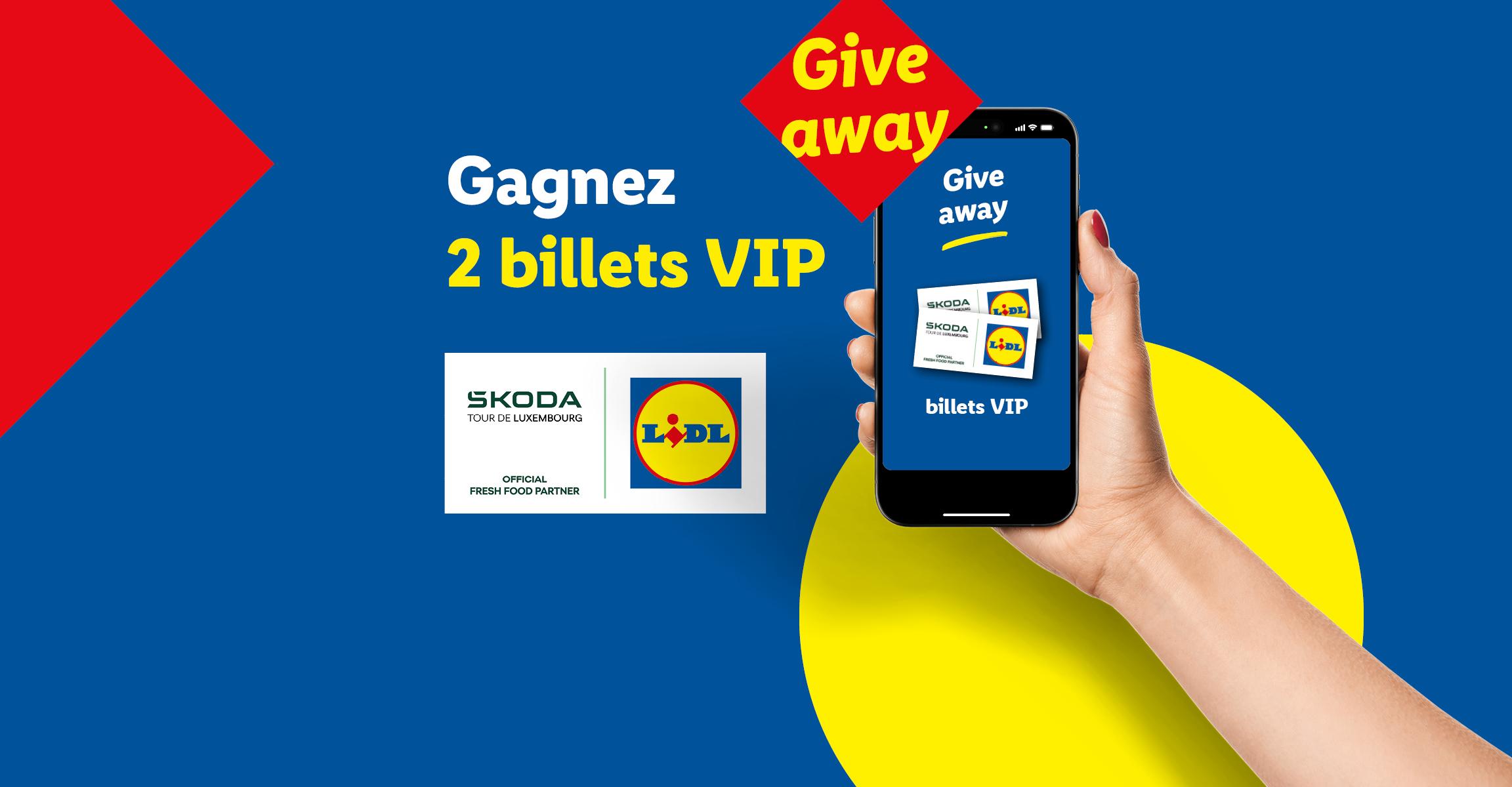 Concours pour gagner 2 billets VIP, avec un téléphone affichant des billets.
