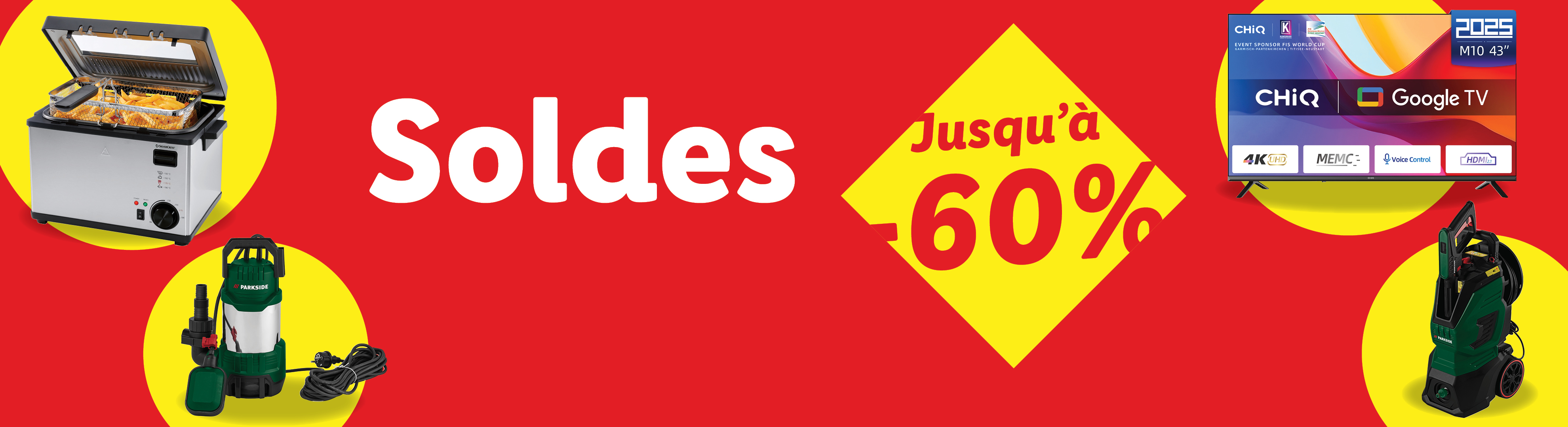 Une friteuse, un nettoyeur haute pression et une télévision en promotion, avec le texte 'Soldes jusqu'à -60%'.