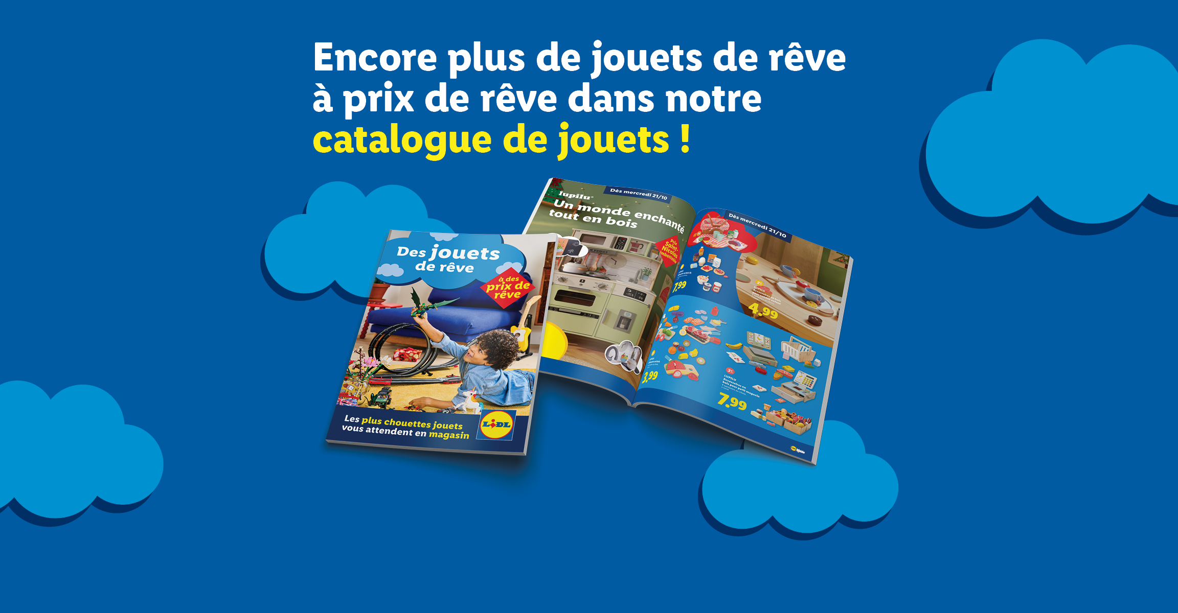 Catalogue de jouets de rêve sur fond bleu avec des nuages.