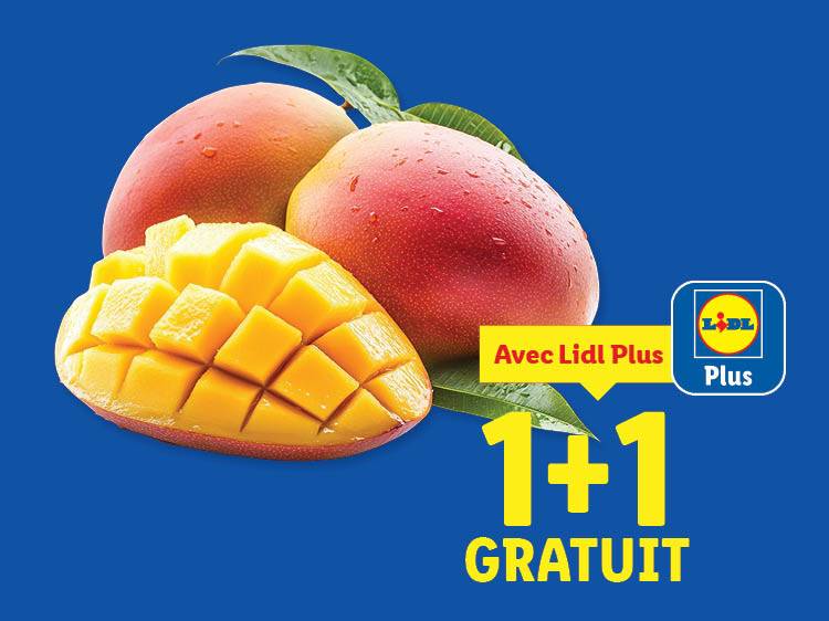 Trois mangues, dont une coupée en dés, avec une offre « 1+1 GRATUIT » de Lidl Plus.