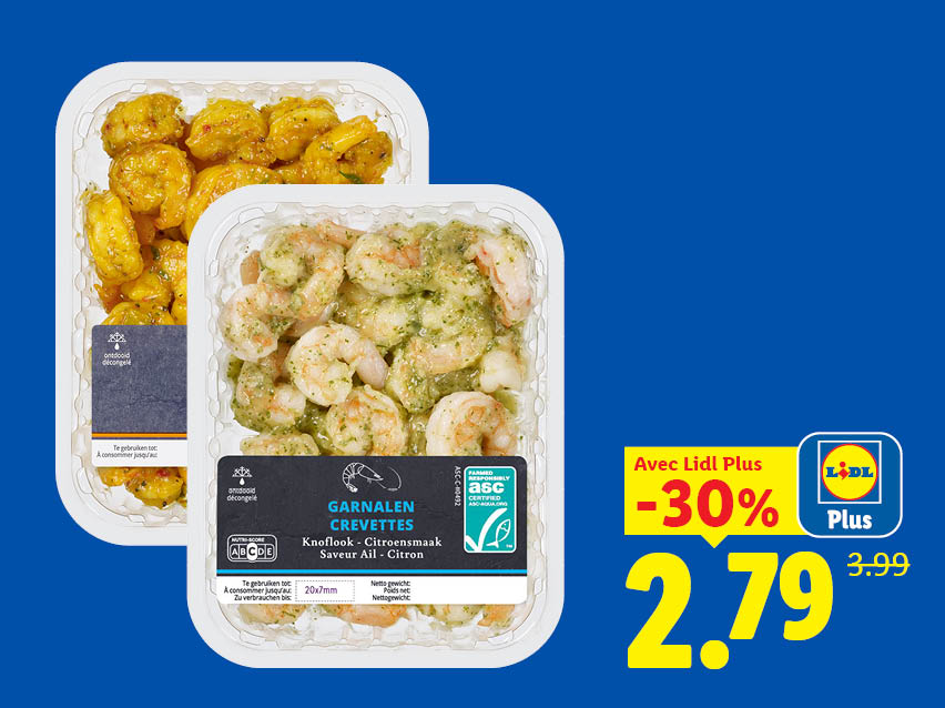 Crevettes à l'ail et au citron et crevettes marinées avec une réduction de -30% avec Lidl Plus, au prix de 2,79 € au lieu de 3,99 €.