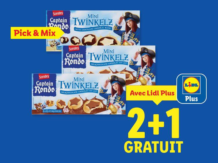 Publicité Lidl pour des biscuits Mini Twinkelz Captain Rondo avec une offre 2+1 gratuit.